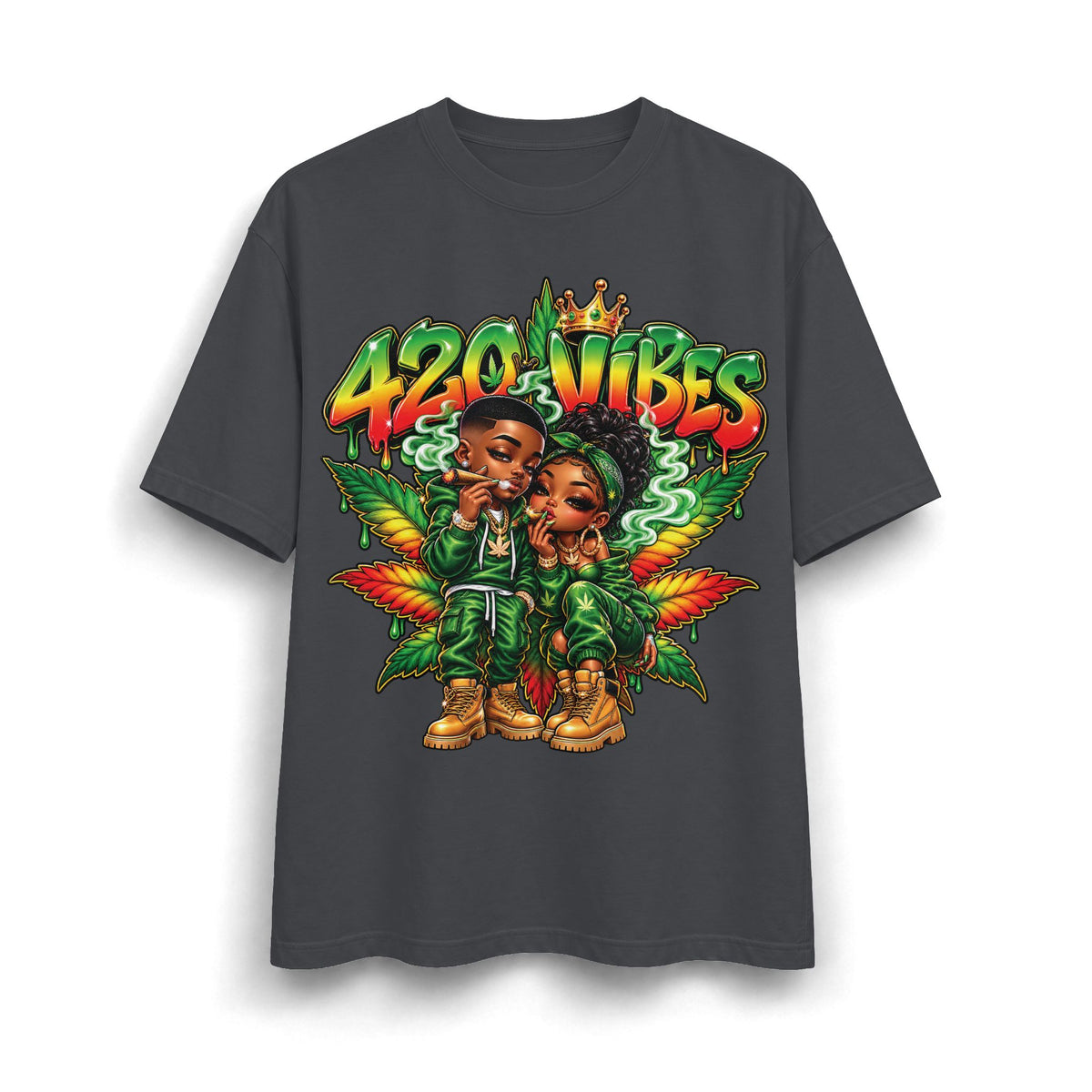 Detroit 420 Vibes Cartoon Couple T-Shirt | Cannabis Leaf Street Art Tee