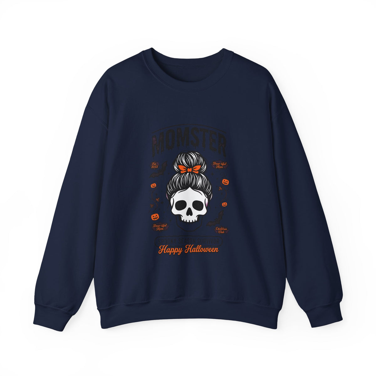 Momster Skull with Bunned Hair Crewneck Sweatshirt | Halloween Mom Design