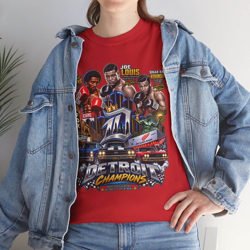 Detroit Champions T-Shirt | Motor City Boxing Legends, Classic Cars, City Skyline