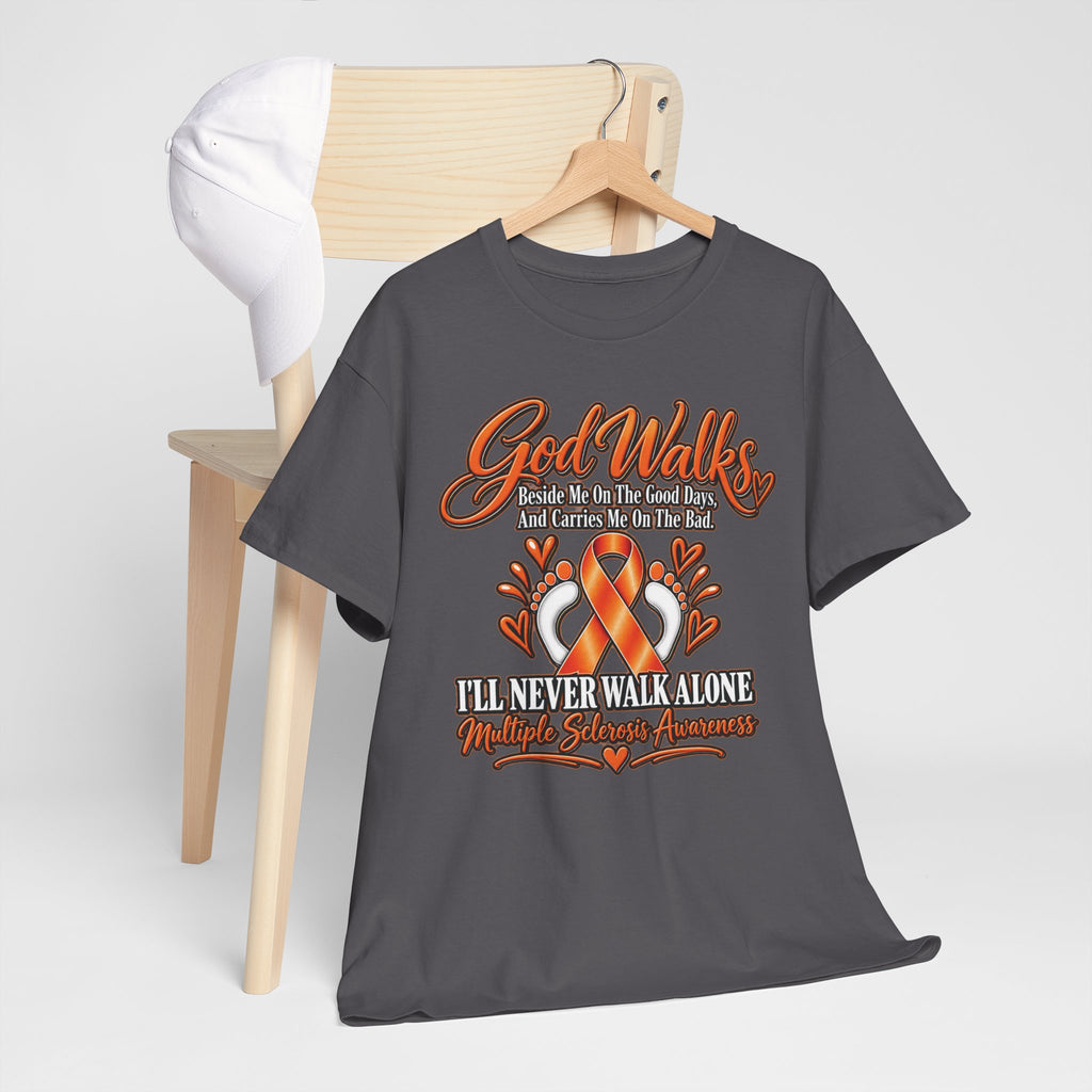 God Walks orange awareness ribbon T-Shirt | I'll Never Walk Alone, Faith Support