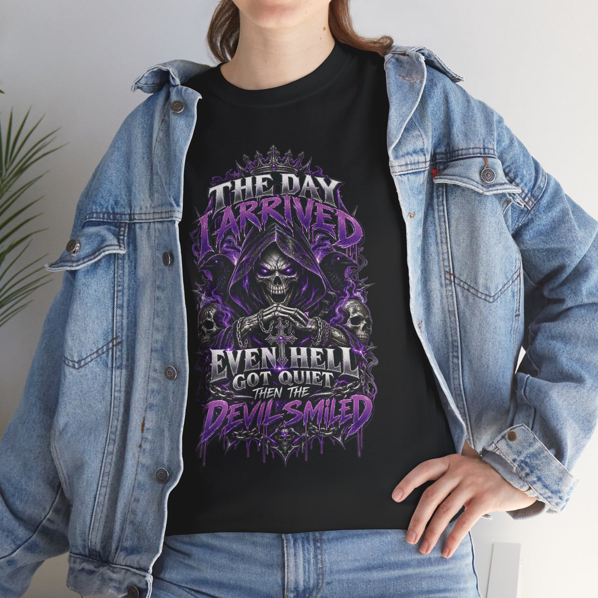 Grim Reaper Skull with Purple Flames T-Shirt | Gothic Death Quote Tee