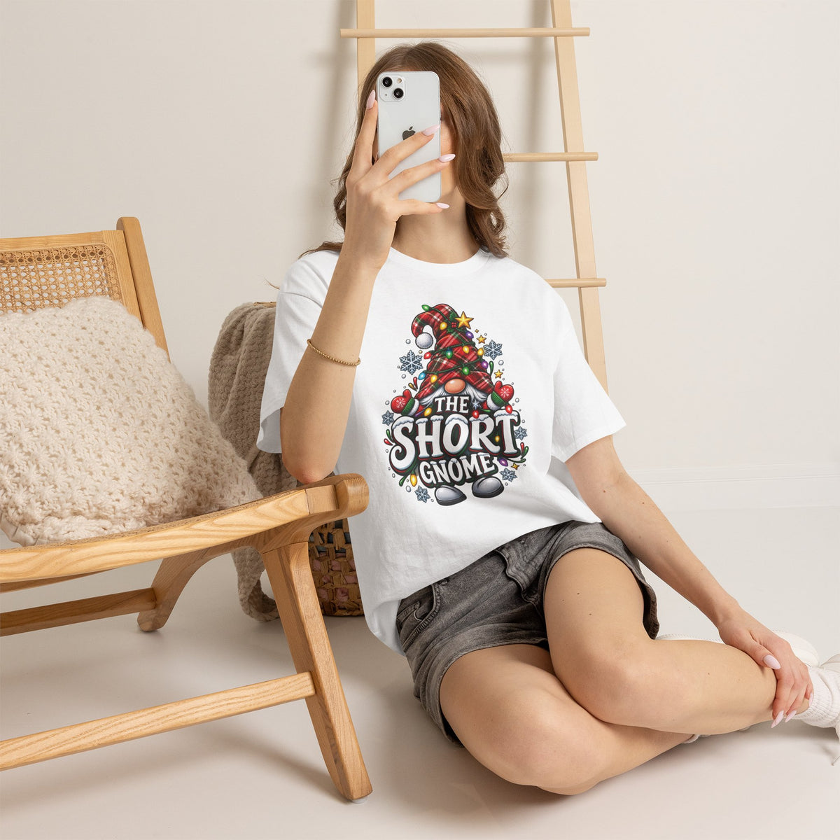 The Short Gnome T-Shirt | Christmas Gnome Plaid Hat, Holiday Lights Design