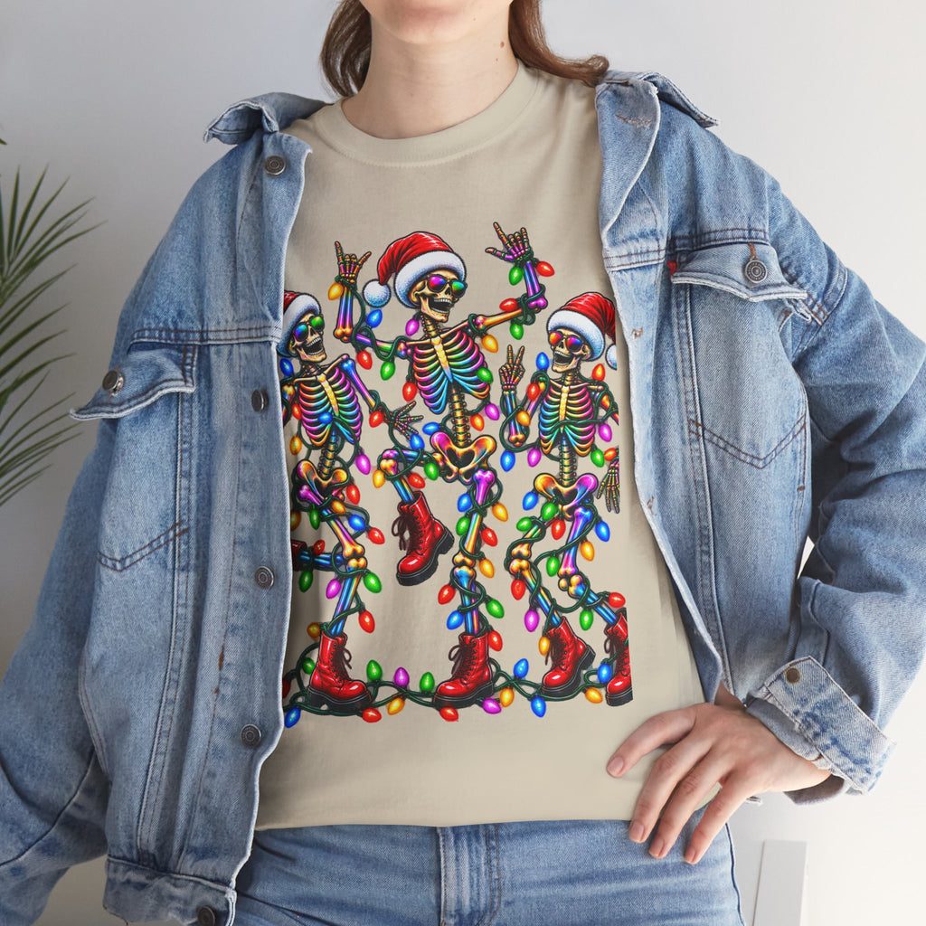 Dancing Skeletons with Christmas Lights T-Shirt | Santa Hat Holiday Tee