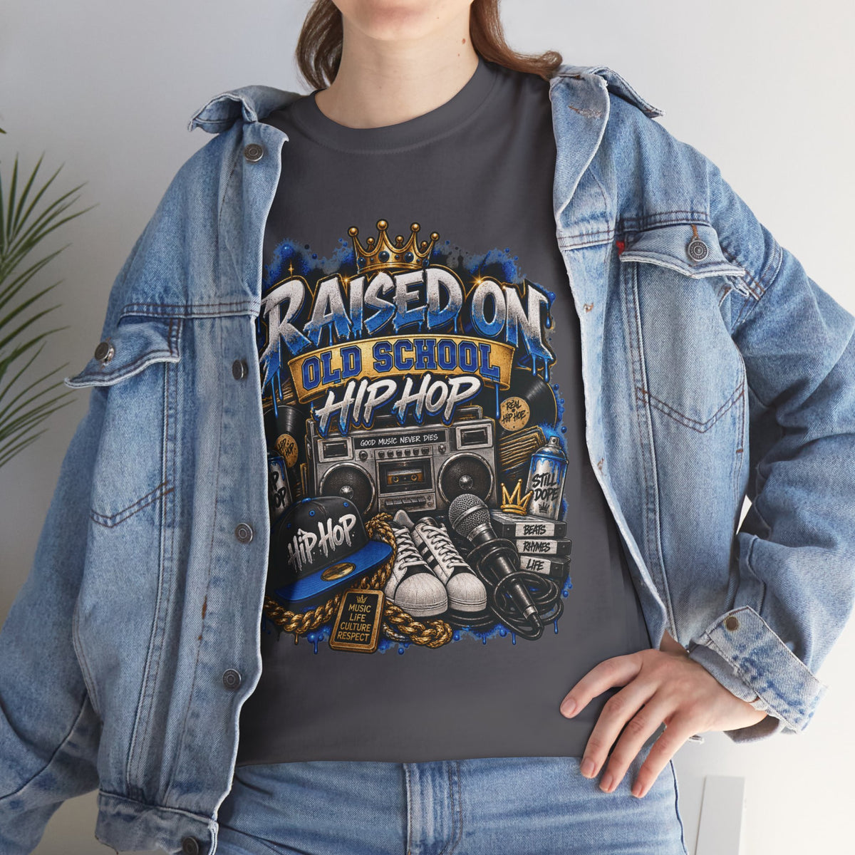 Raised On Old School Hip Hop T-Shirt | Retro Boombox Sneakers Crown Design