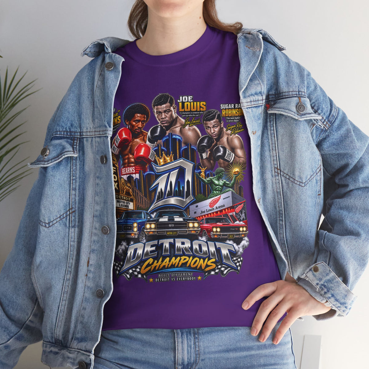 Detroit Champions T-Shirt | Motor City Boxing Legends, Classic Cars, City Skyline