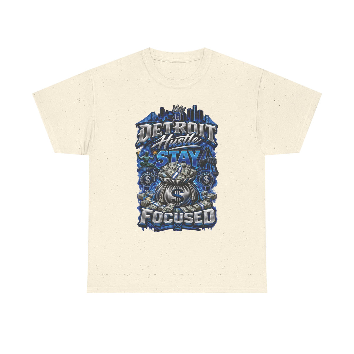 Detroit Hustle Stay Focused Tee | City Skyline, Money Bag Graphic