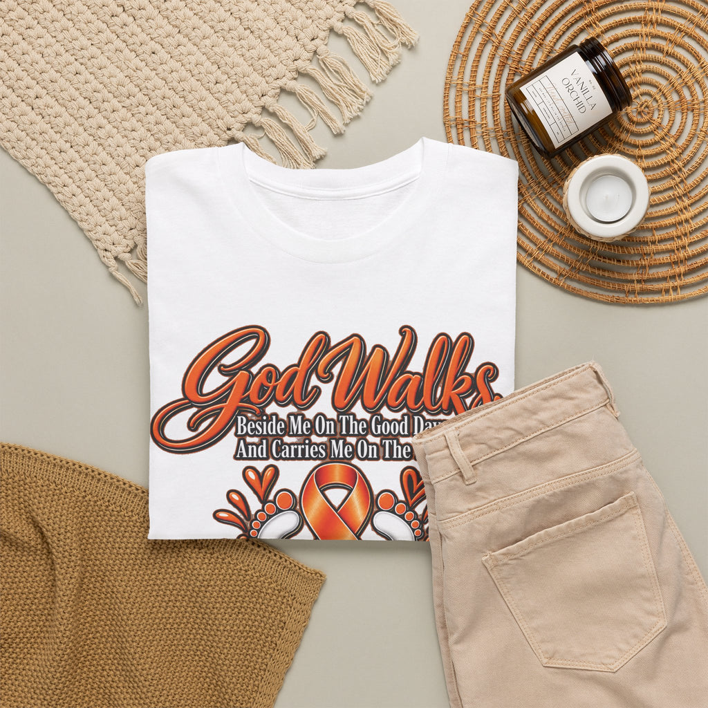 God Walks orange awareness ribbon T-Shirt | I'll Never Walk Alone, Faith Support