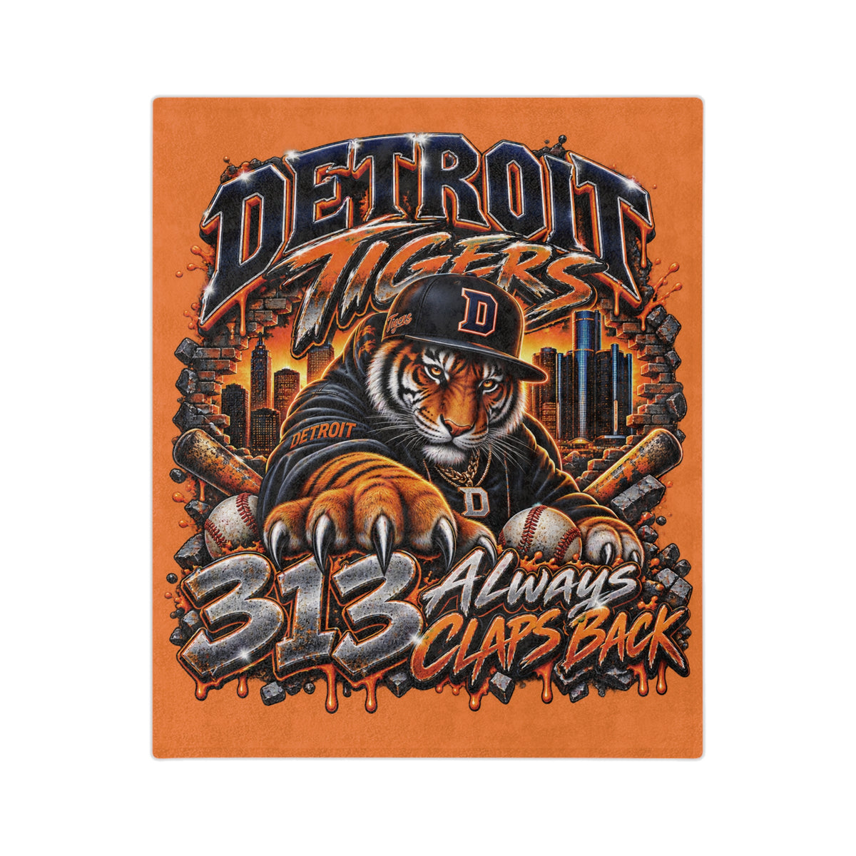Detroit Tigers Tiger Mascot Blanket | 313 Always Claps Back Velveteen Microfiber