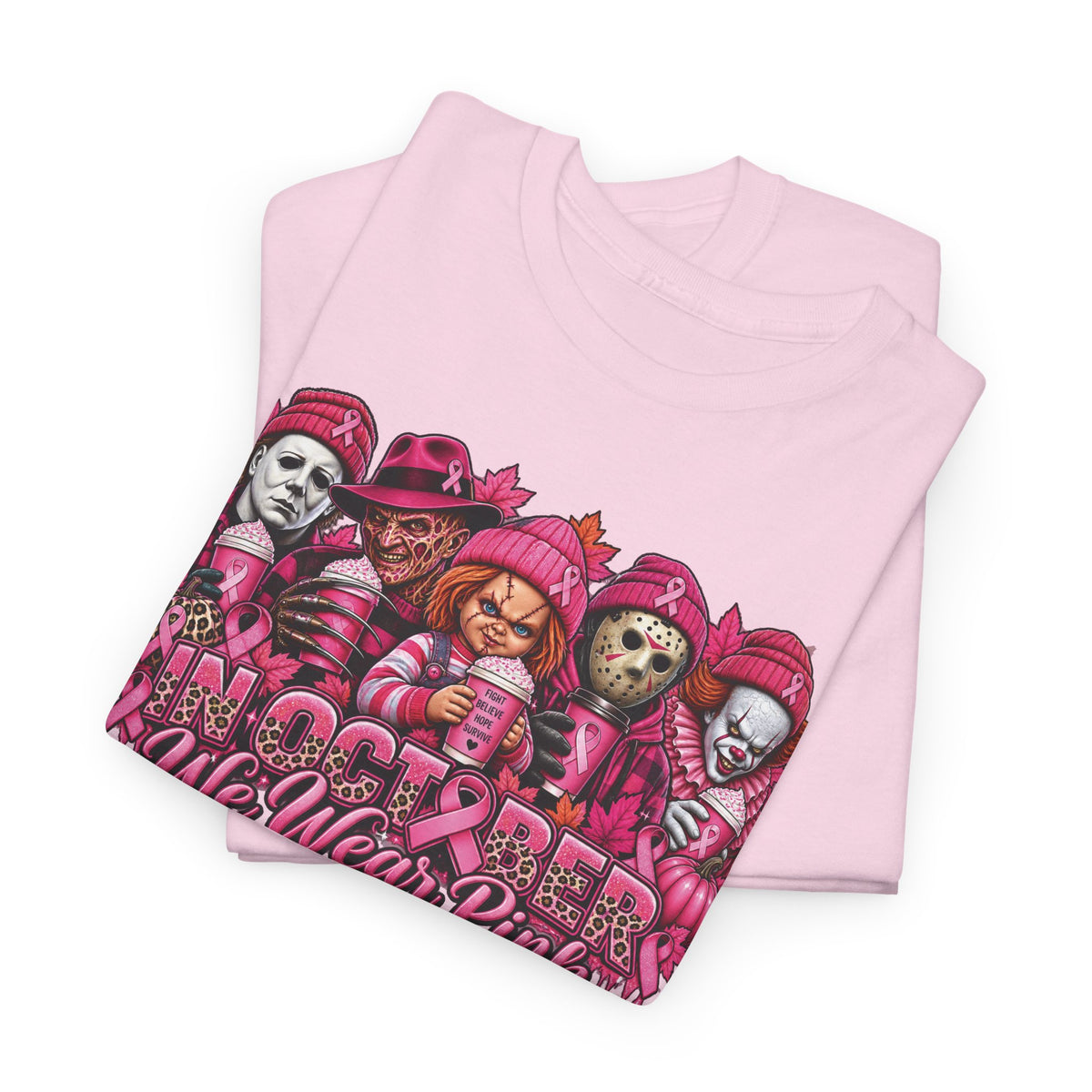 Horror Icons We Wear Pink Tee | October Breast Cancer Awareness Shirt