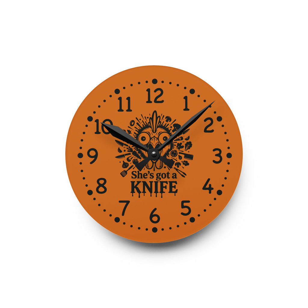 She got a knife acrylic wall clock | Halloween horror decor, orange skull design