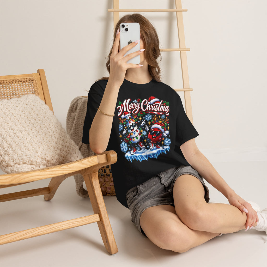 Merry Christmas Dancing Ornaments T-Shirt | Festive Snowflakes Holiday Tee