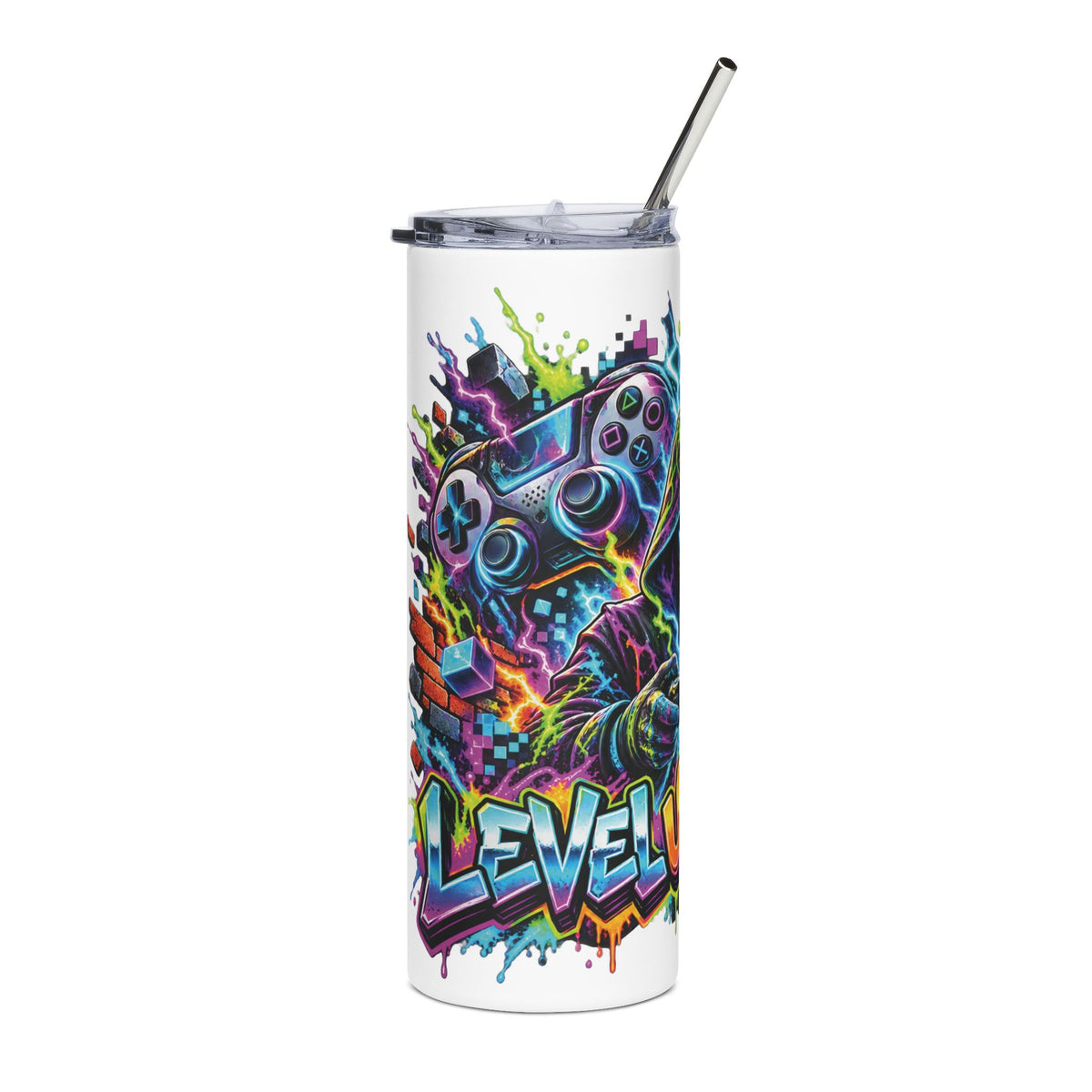 20oz Gaming Tumbler – Colorful Gamer Controller & Level Up Design