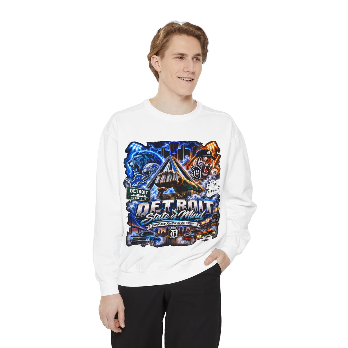 Detroit Skyline Motor City graphic Sweatshirt | Vintage cityscape, engine, blue orange