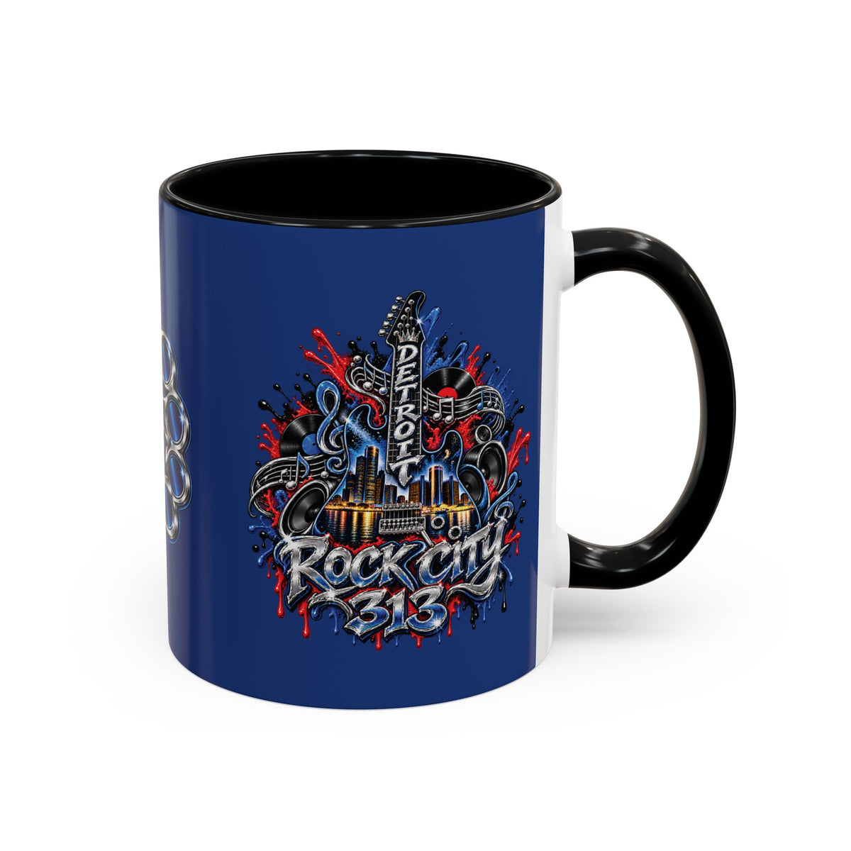 Detroit Rock City 313 Blue Accent Mug | Cityscape Guitar Graffiti Design