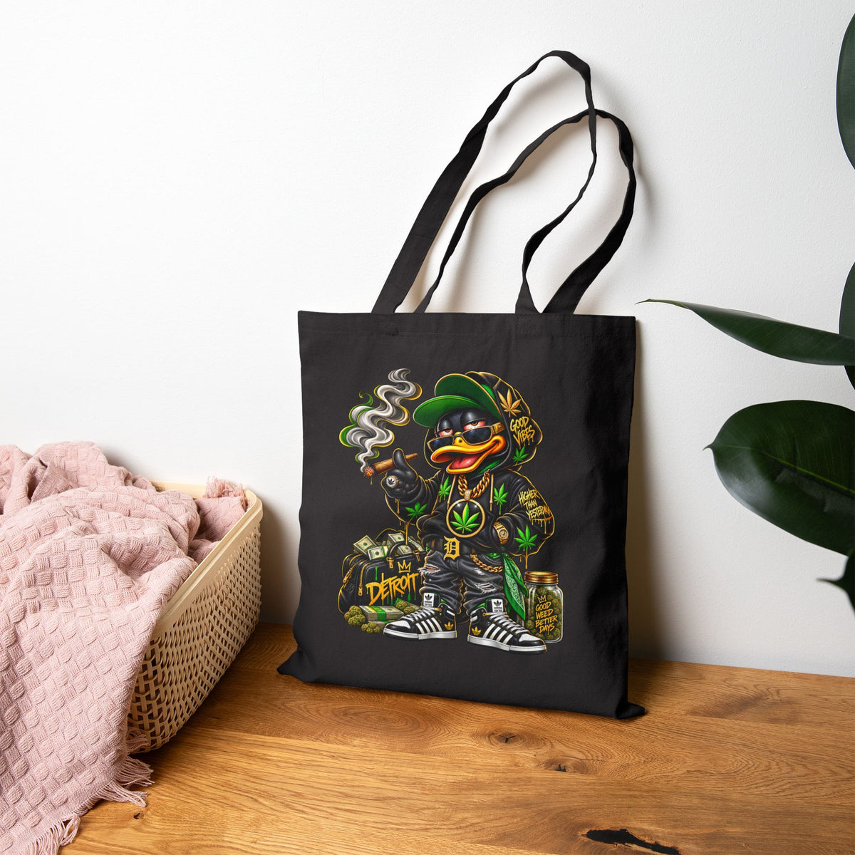Smoky Duck Character Tote Bag | Hip Hop Streetwear, Cannabis Leaf Design