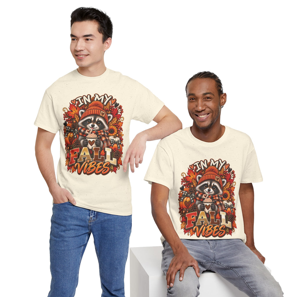 Cozy Raccoon Fall Vibes T-Shirt | Autumn Pumpkin Leaves Tee
