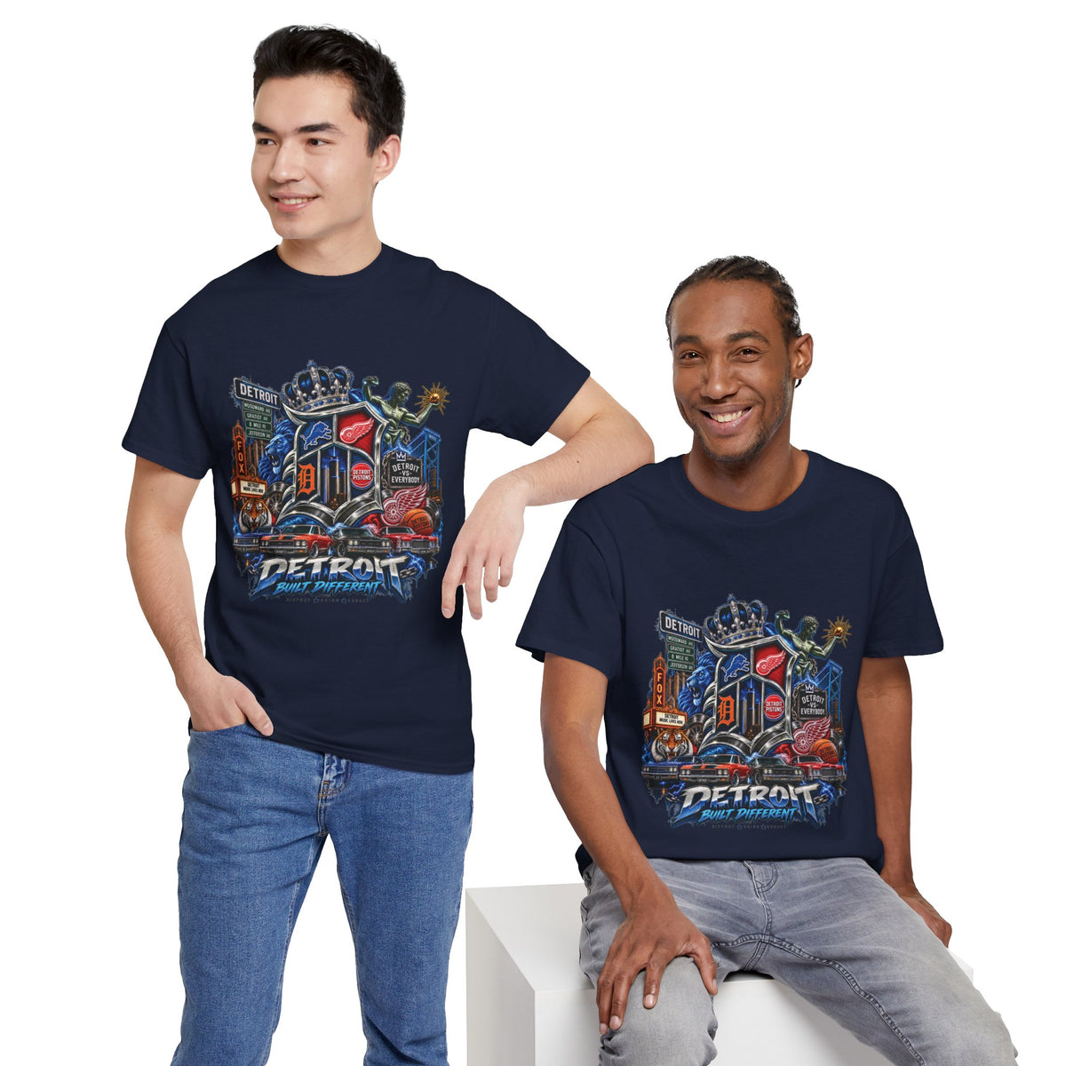 Detroit Skyline Collage T-Shirt | Motor City Landmarks, Vintage Neon Design