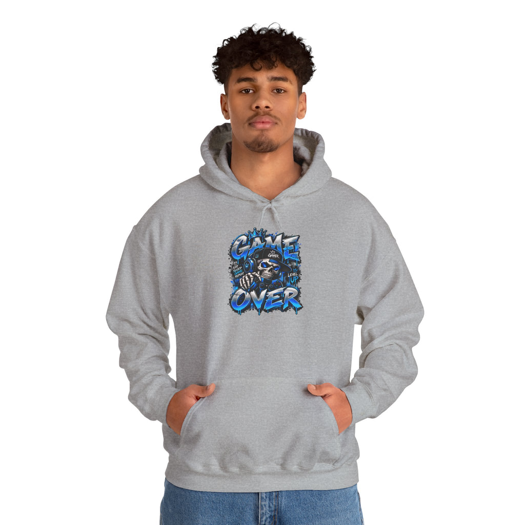 Game Over Skull hoodie | Gaming Graphic Sweatshirt, Blue Grunge Design