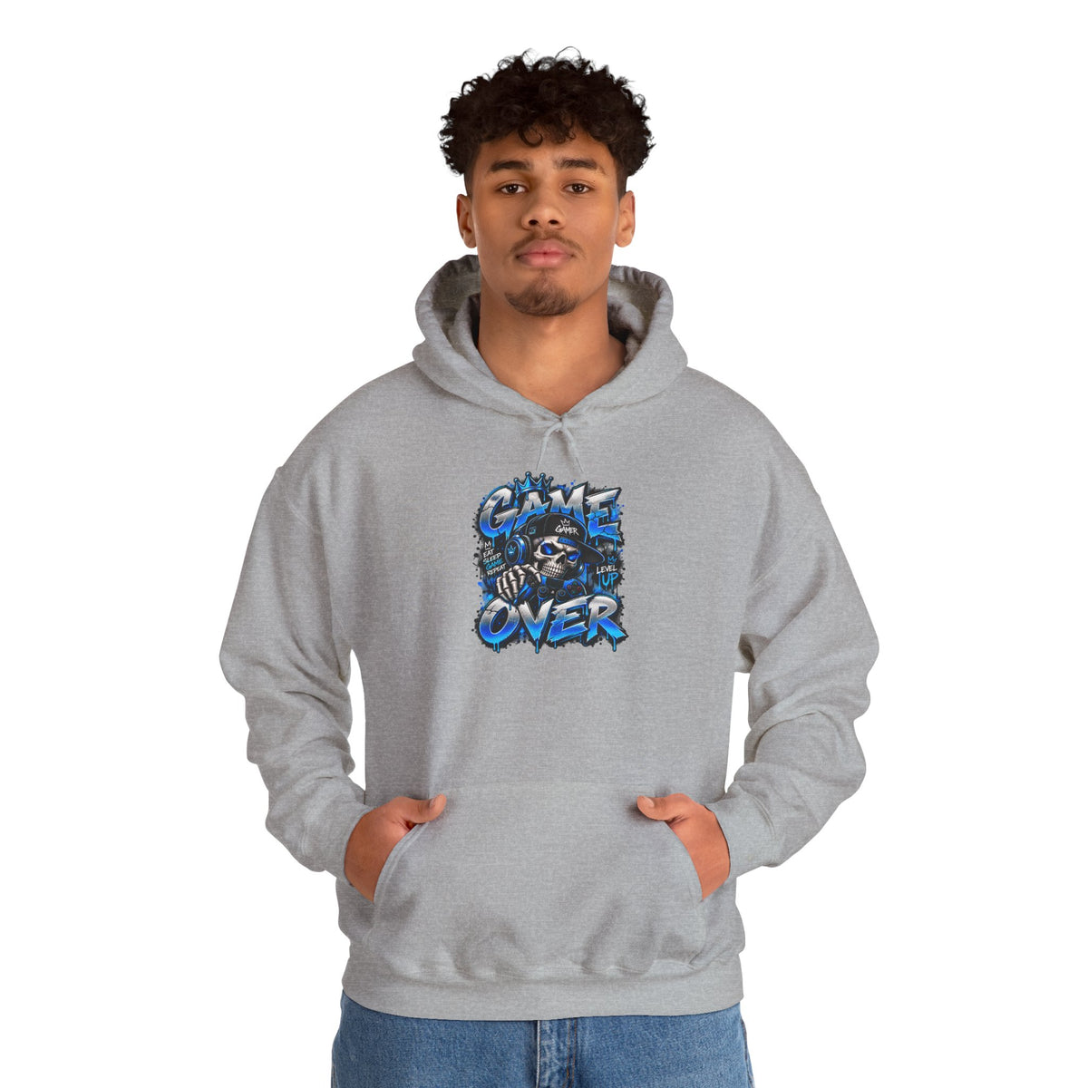 Game Over Skull hoodie | Gaming Graphic Sweatshirt, Blue Grunge Design