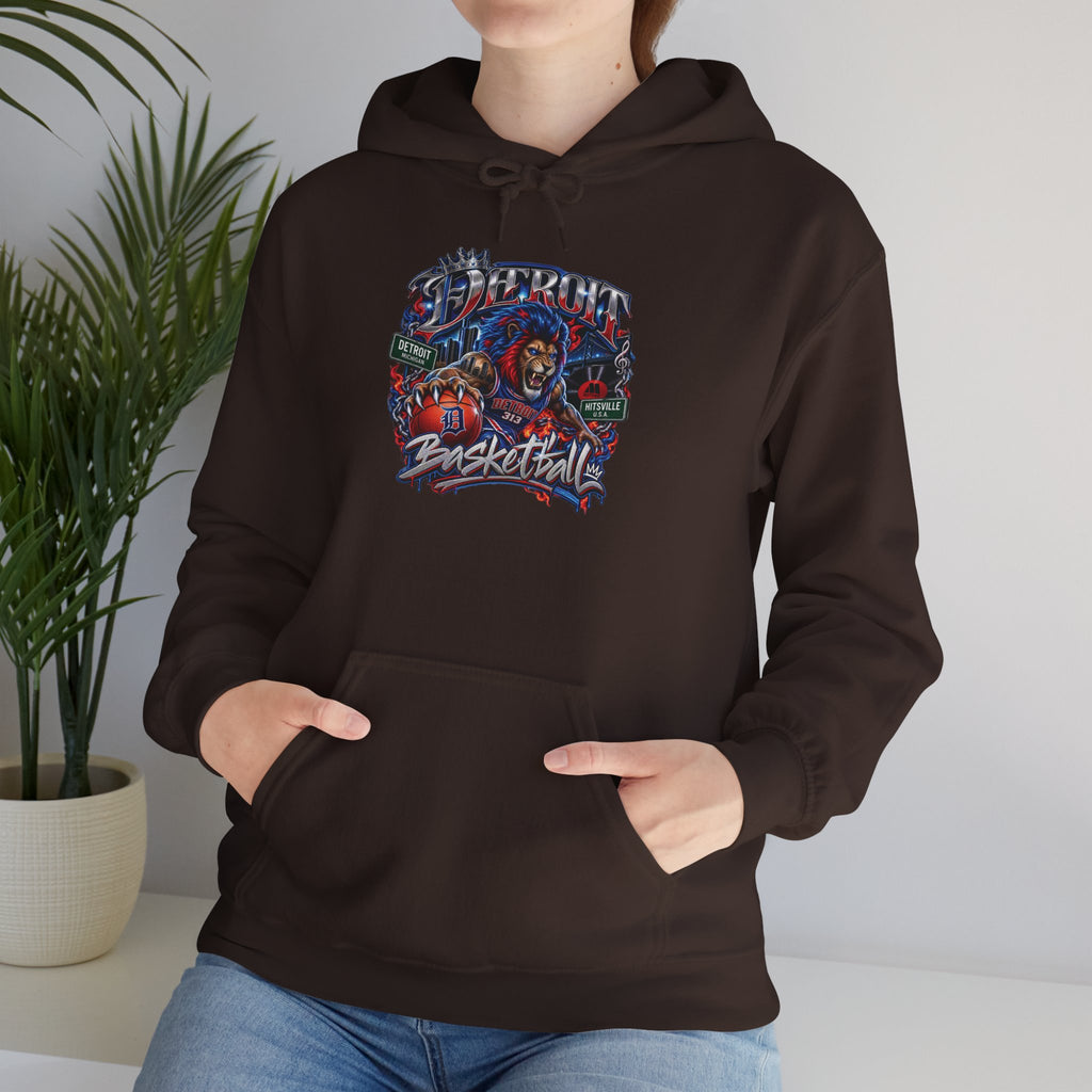 Detroit Basketball Graphic Hoodie | Vintage City Sports Logo, Front Collage Art