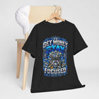 Get Money Stay Focused T-Shirt | Money Skull Graphic, Blue Typography
