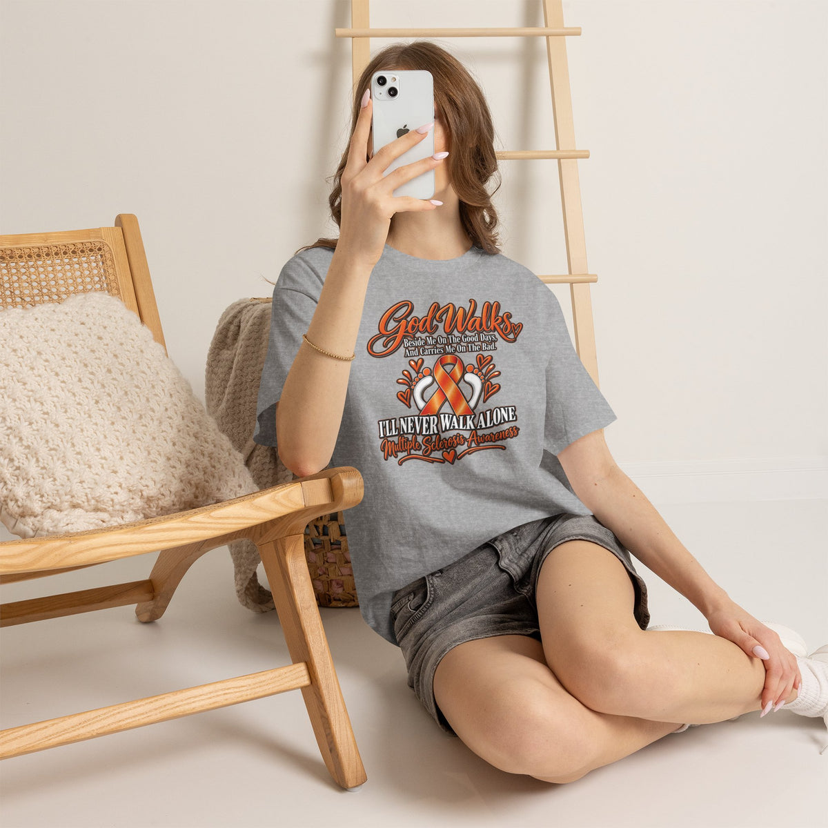 God Walks orange awareness ribbon T-Shirt | I'll Never Walk Alone, Faith Support
