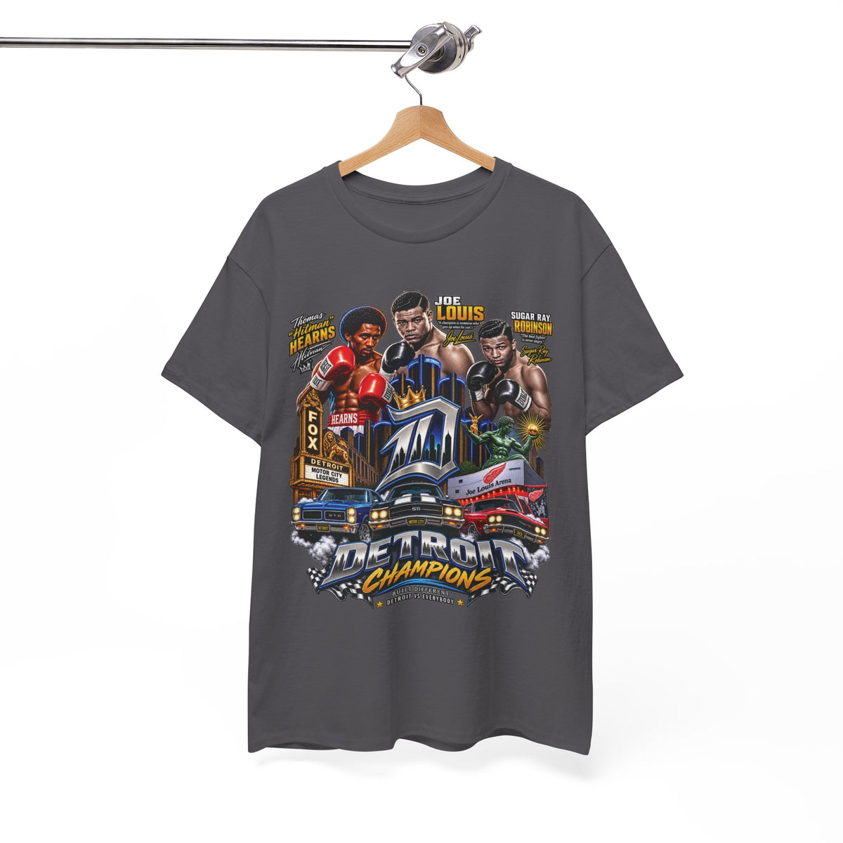 Detroit Champions T-Shirt | Motor City Boxing Legends, Classic Cars, City Skyline