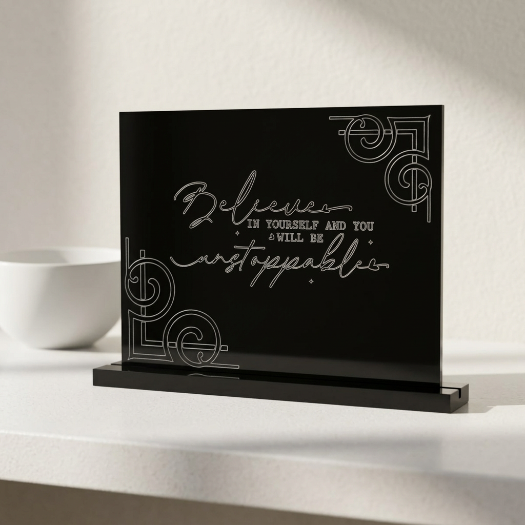 Believe in Yourself script motivational acrylic table sign | rectangular desk plaque
