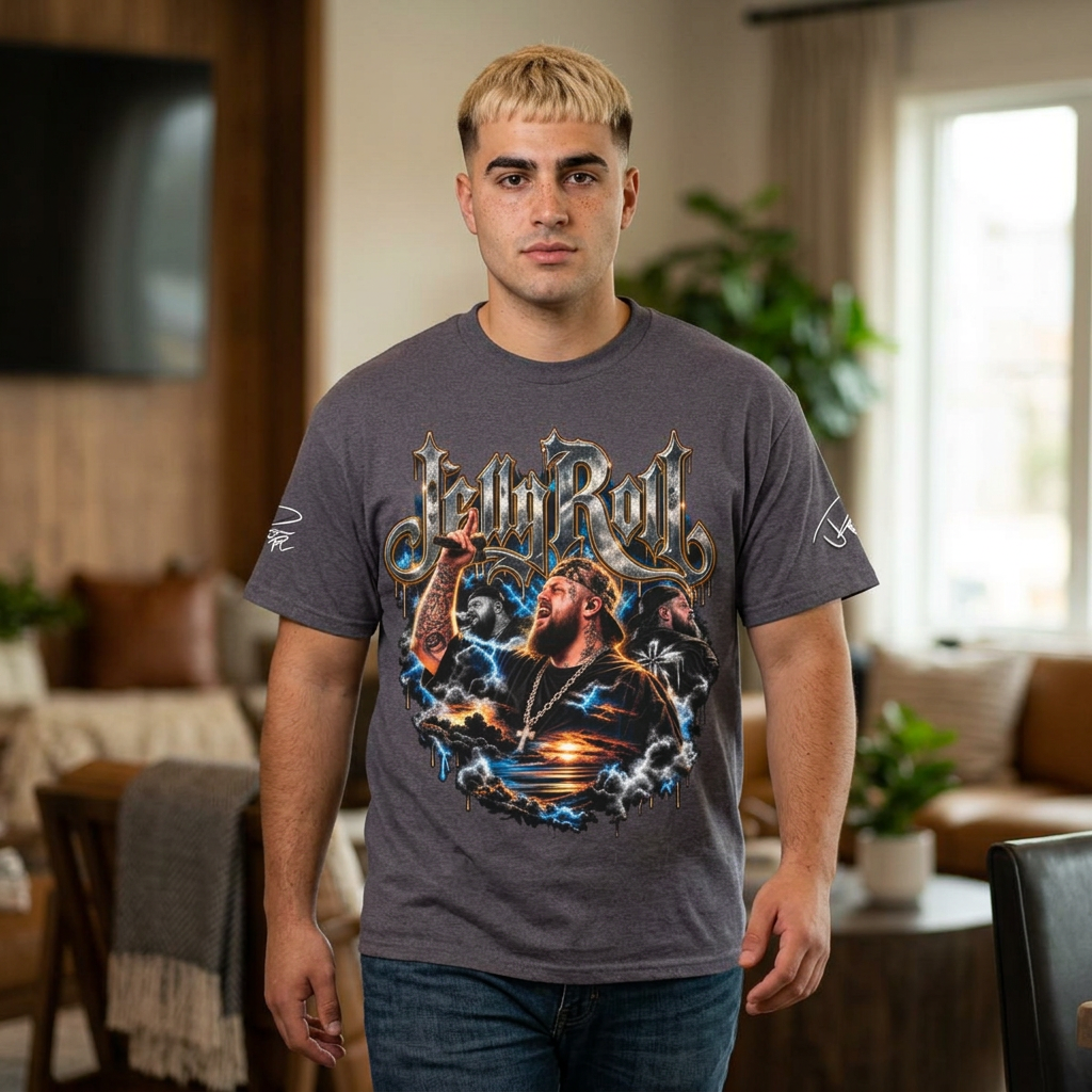Roll Jelly portrait graphic Tee | Country singer storm art