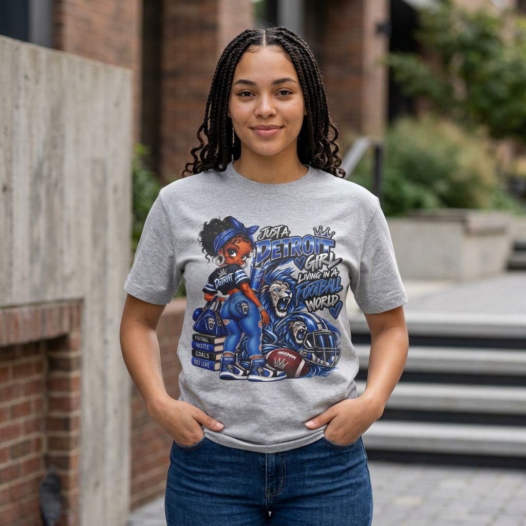 Detroit Football Girl Graphic Tee | Detroit Lions Football Illustration