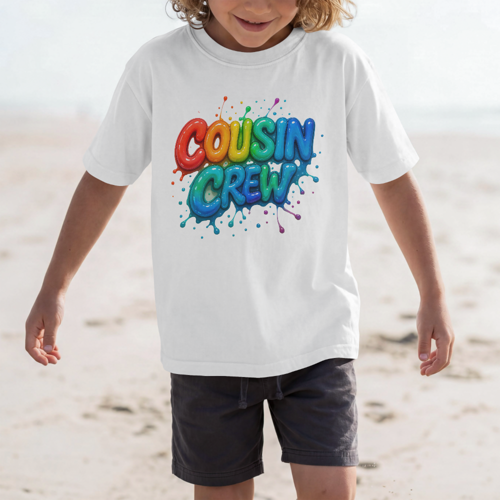 Cousin Crew Kids T-Shirt | Colorful Bubble Text, Personalized Name Option