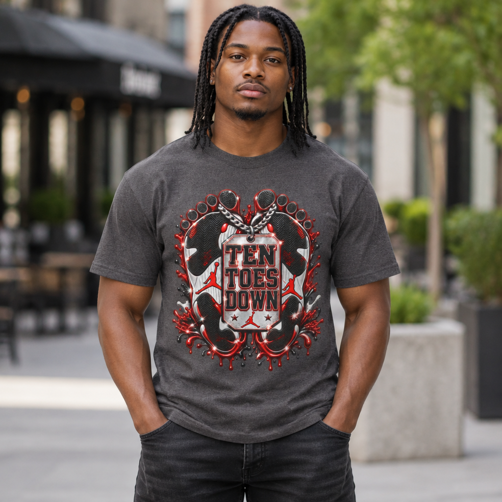 Ten Toes Down feet graphic T-Shirt | streetwear, red black emblem