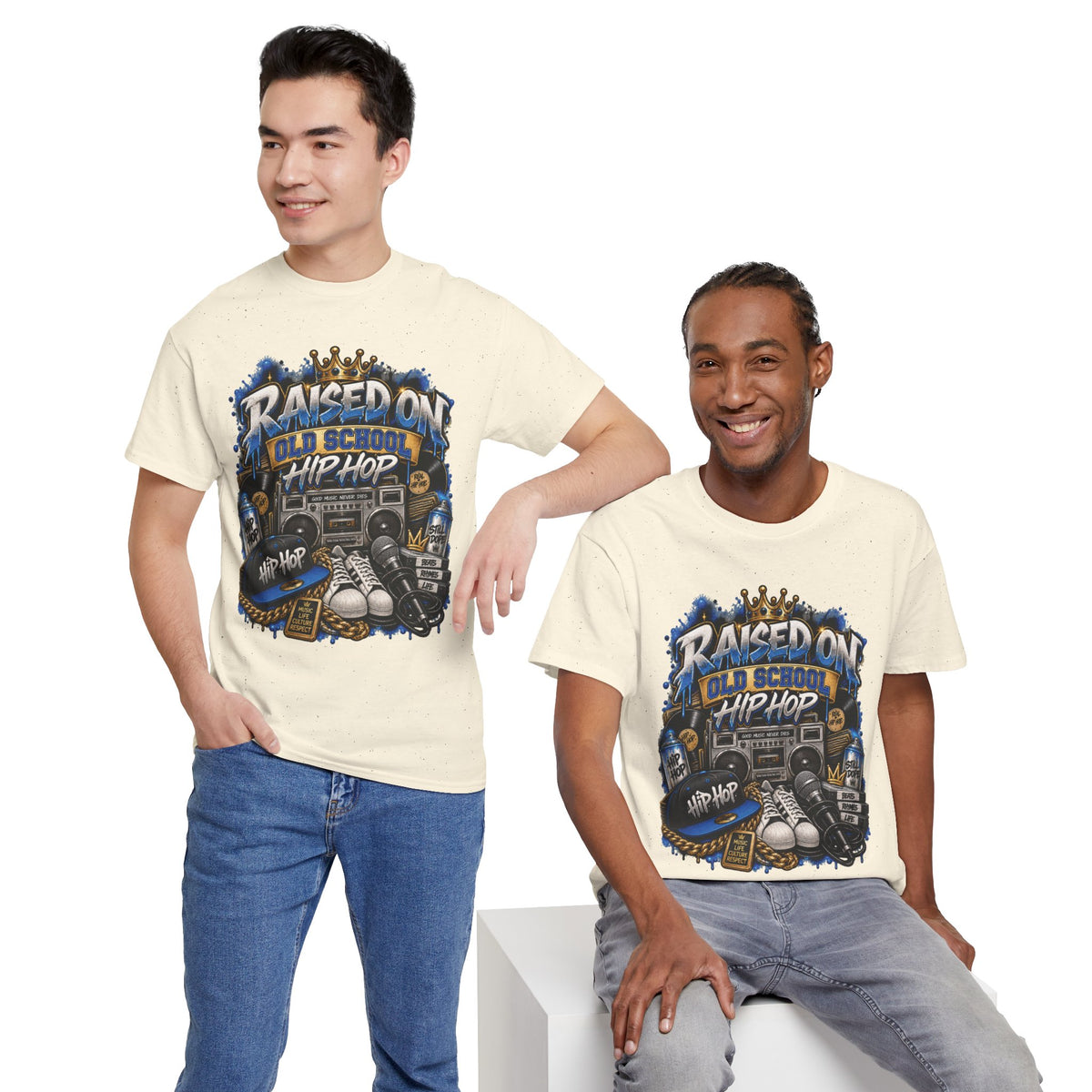 Raised On Old School Hip Hop T-Shirt | Retro Boombox Sneakers Crown Design
