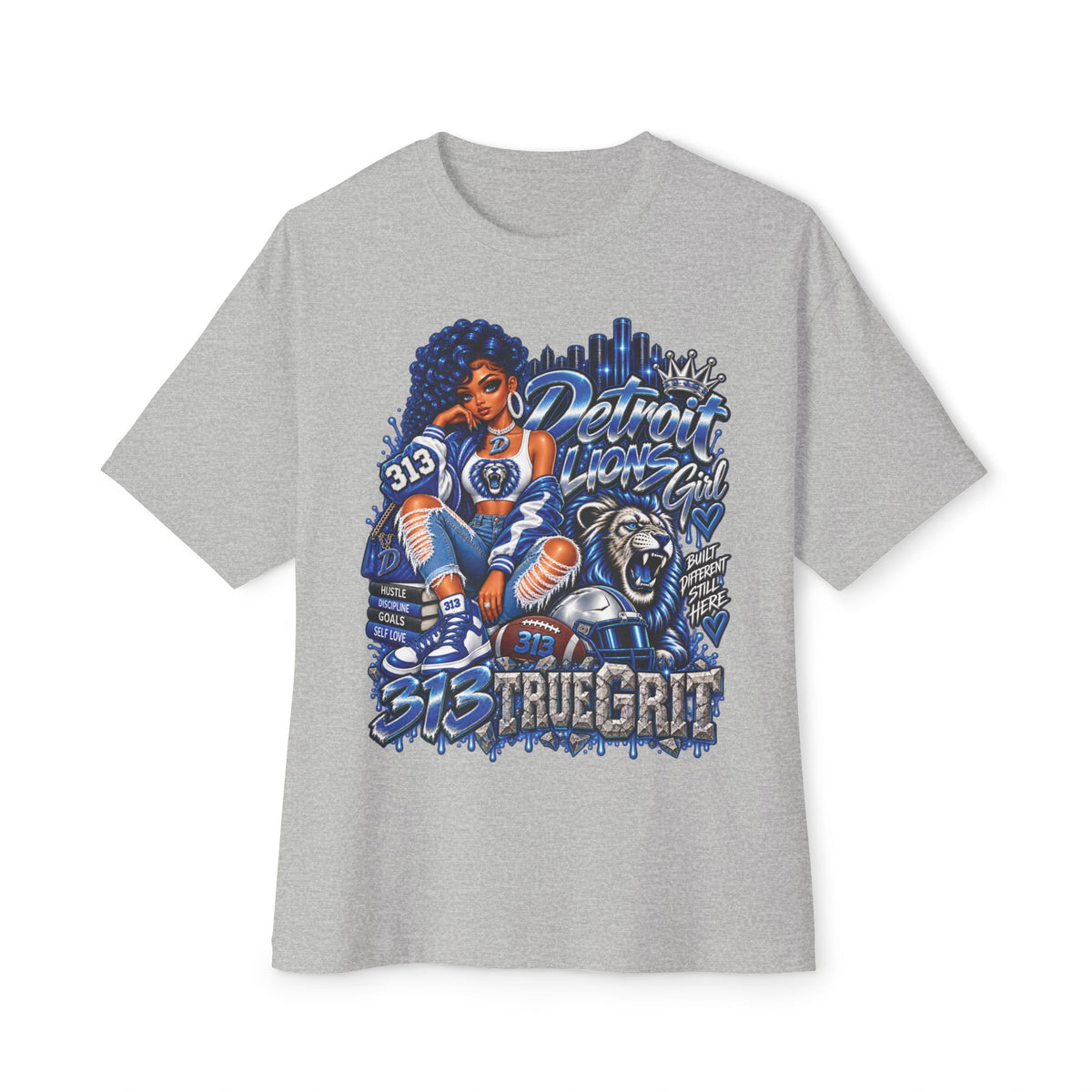 Lions Detroit City Grit tee | Motor City skyline, 313, sneaker and bulldog illustration