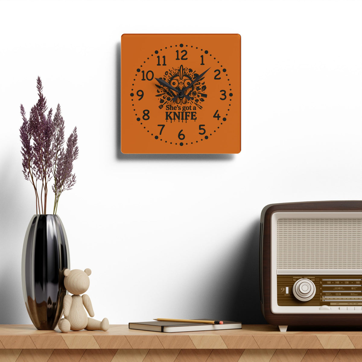 She got a knife acrylic wall clock | Halloween horror decor, orange skull design
