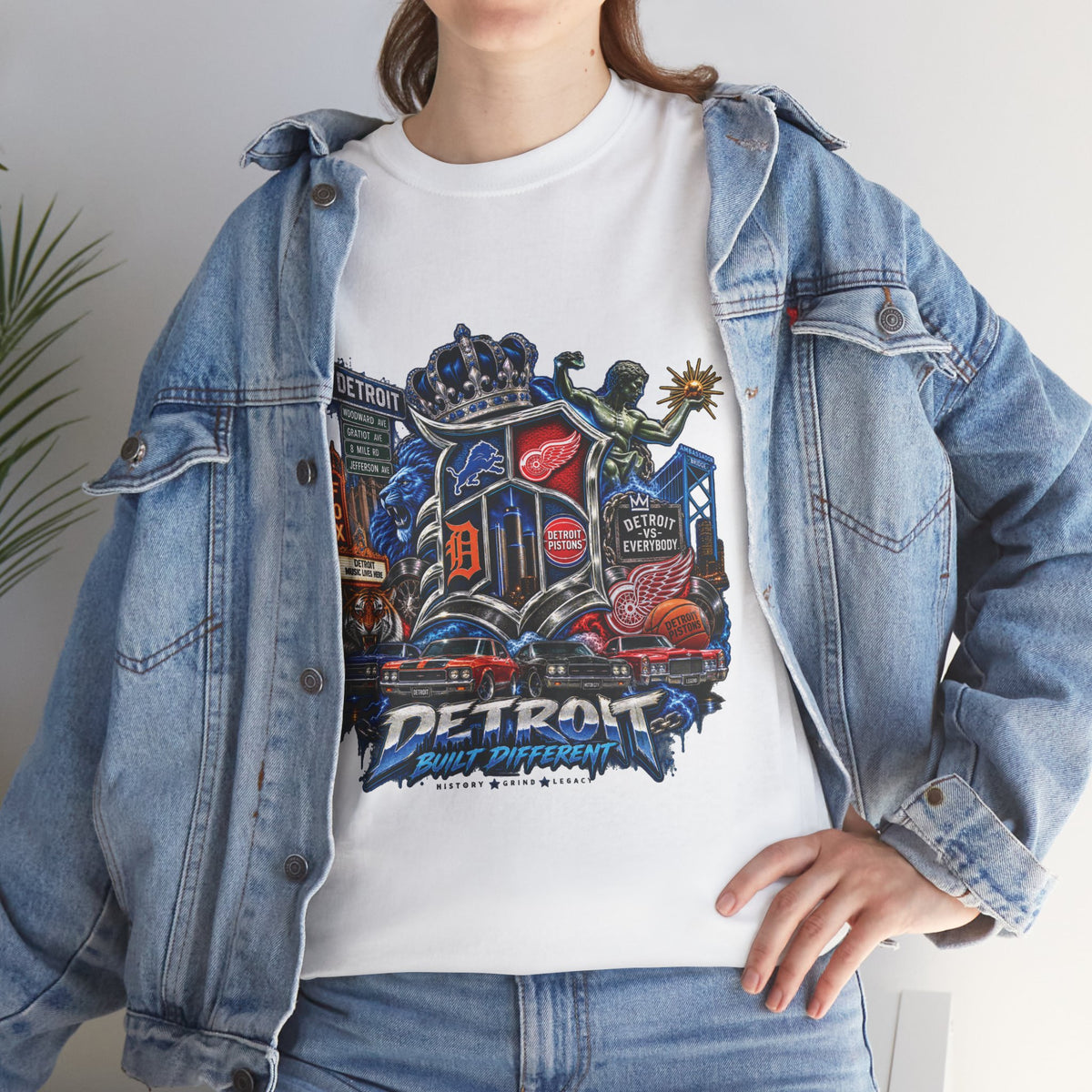 Detroit Skyline Collage T-Shirt | Motor City Landmarks, Vintage Neon Design