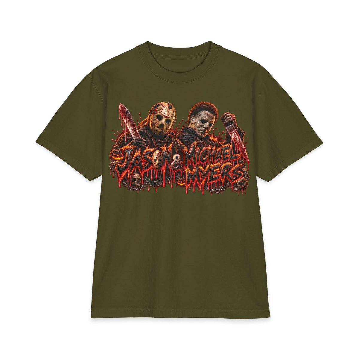 Jason and Micheal Myers Horror Slashers Graphic T-Shirt | Dual Masked Killers, Blood Drip Design