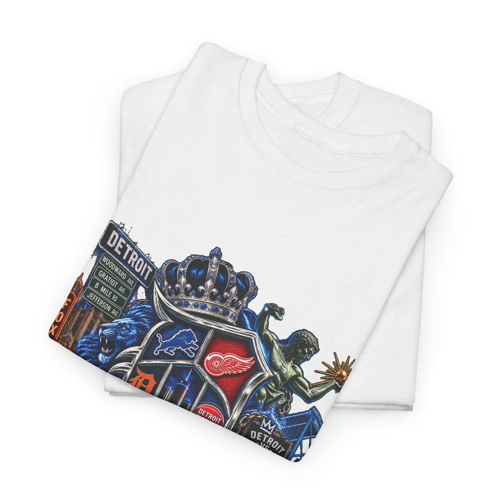 Detroit Skyline Collage T-Shirt | Motor City Landmarks, Vintage Neon Design