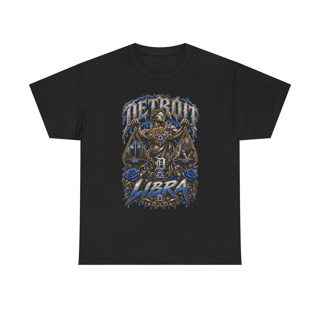 Detroit Libra T-Shirt | Skull Scales, Blue Roses, Zodiac Design