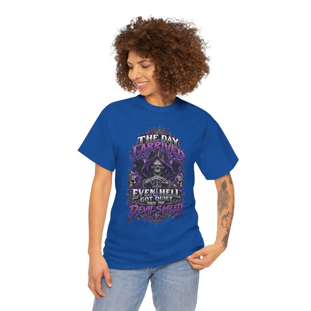 Grim Reaper Skull with Purple Flames T-Shirt | Gothic Death Quote Tee