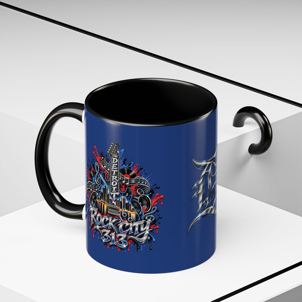 Detroit Rock City 313 Blue Accent Mug | Cityscape Guitar Graffiti Design