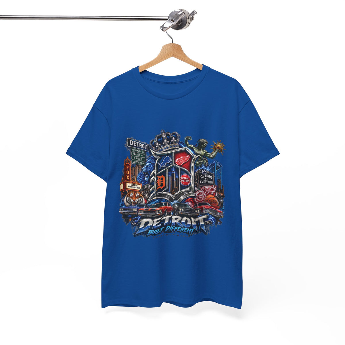 Detroit Skyline Collage T-Shirt | Motor City Landmarks, Vintage Neon Design