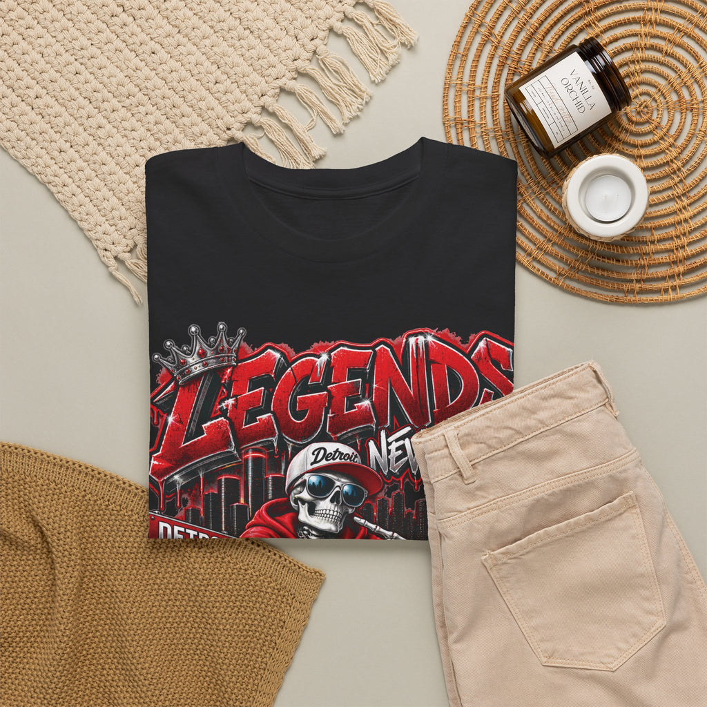 Legends Never Die skull streetwear T-shirt | Detroit city skyline, red black graphic tee