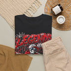 Legends Never Die skull streetwear T-shirt | Detroit city skyline, red black graphic tee