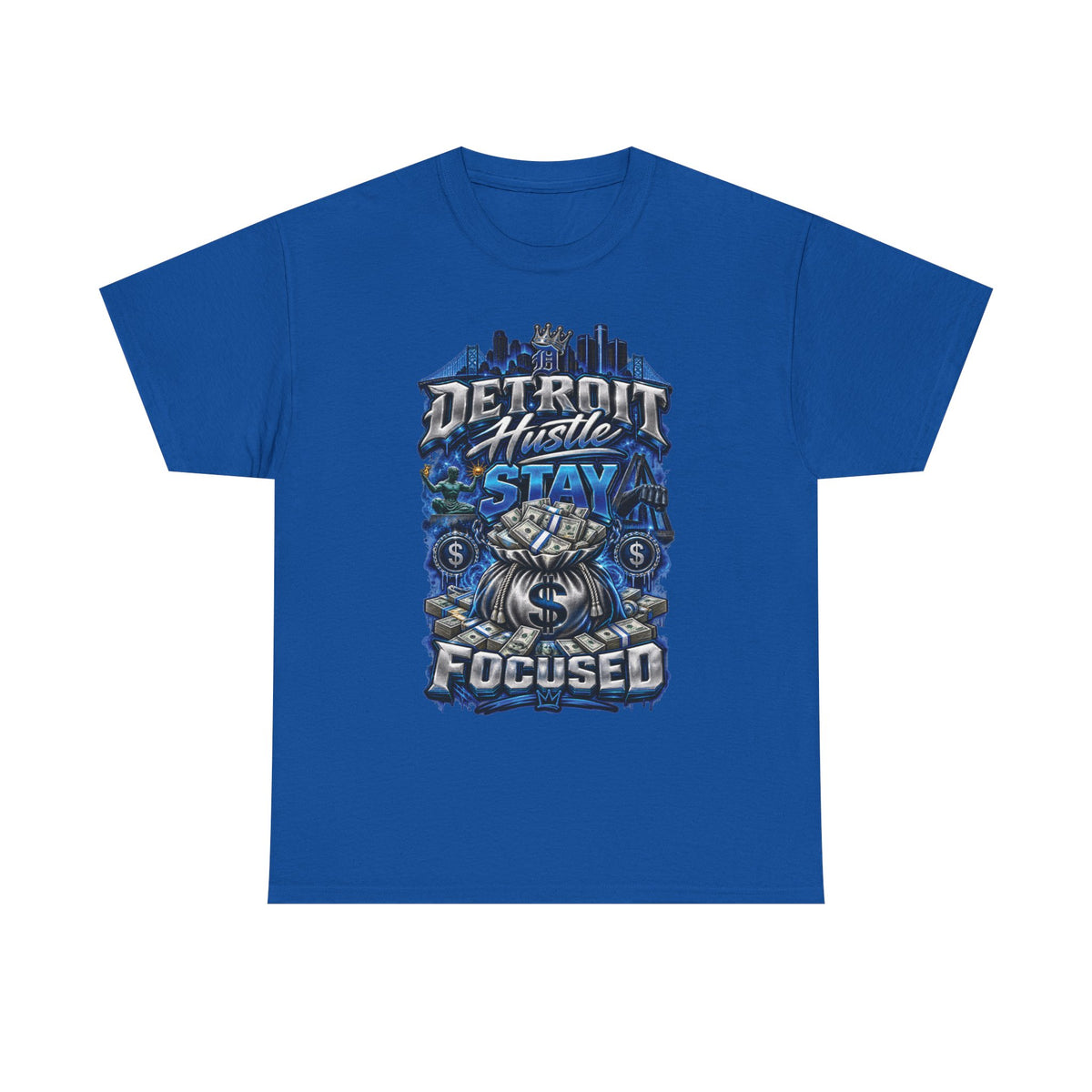 Detroit Hustle Stay Focused Tee | City Skyline, Money Bag Graphic