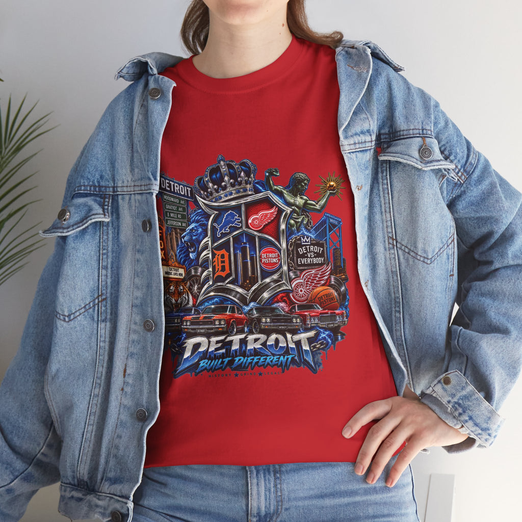 Detroit Skyline Collage T-Shirt | Motor City Landmarks, Vintage Neon Design