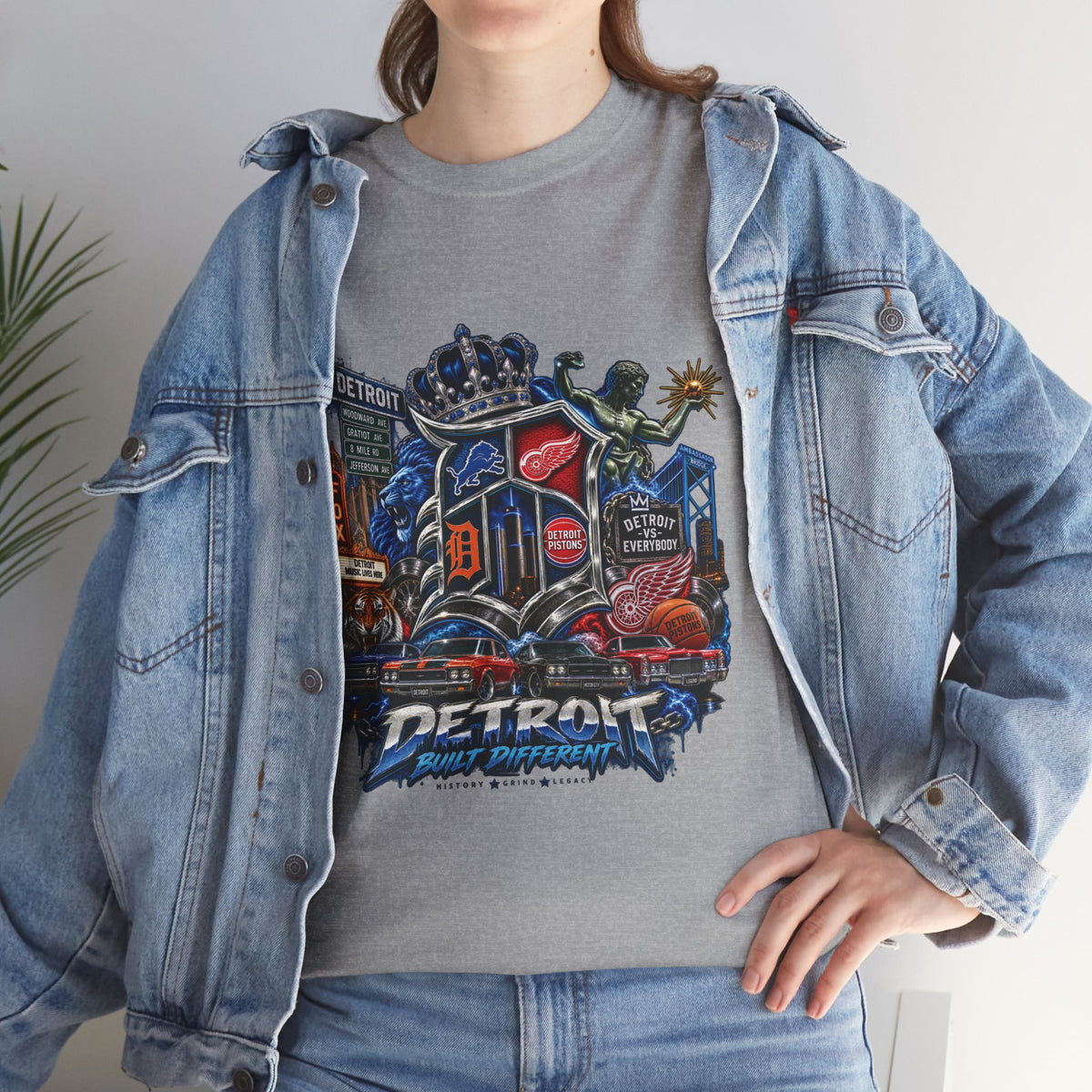 Detroit Skyline Collage T-Shirt | Motor City Landmarks, Vintage Neon Design