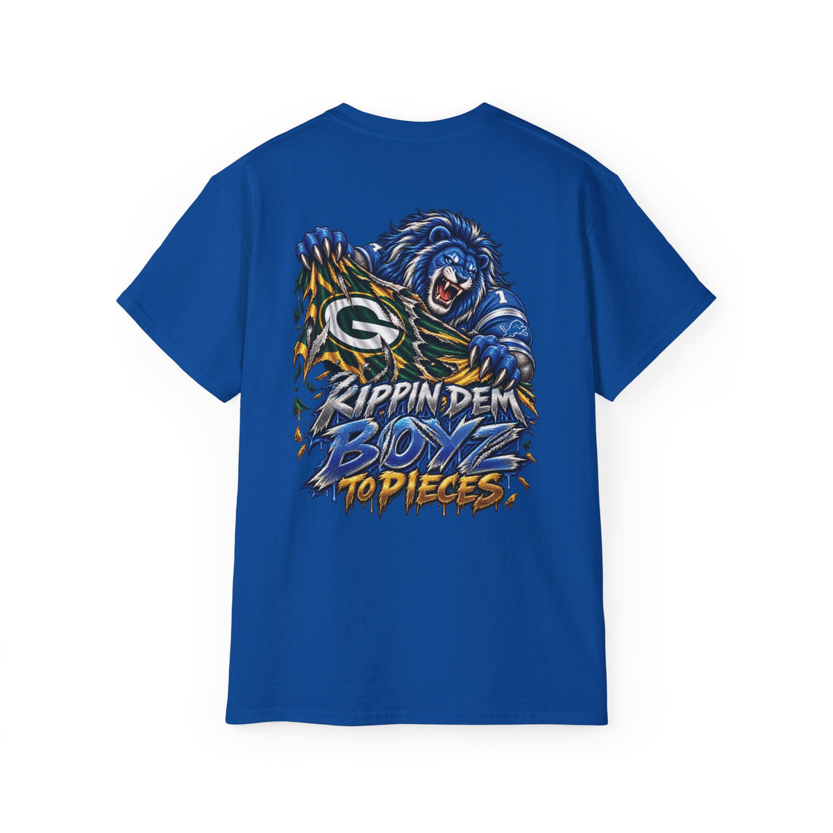 Detroit and Green Bay Rivalry Graphic Tee | Lion Ripping Green Bay Logo Back