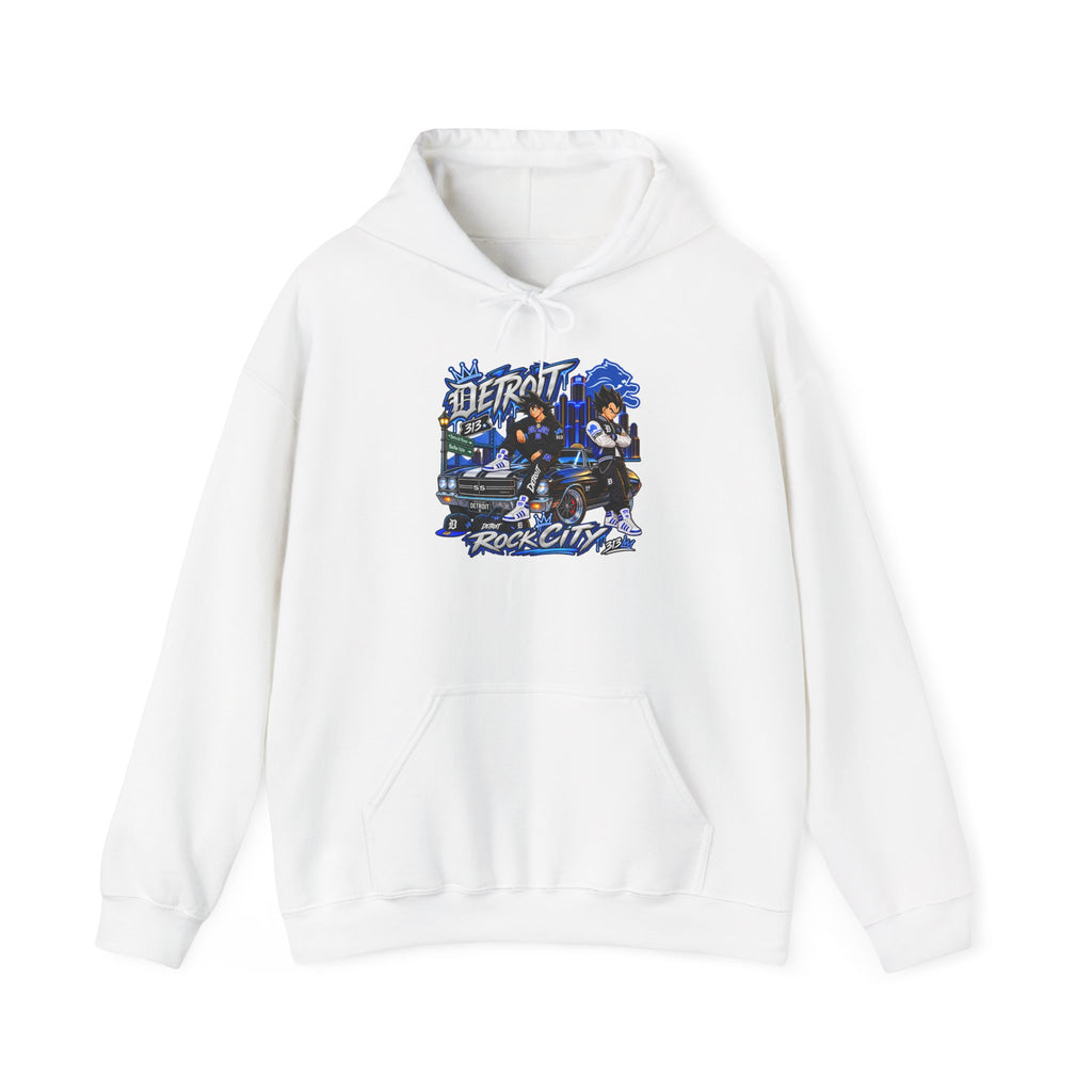 Detroit Rock City hoodie | vintage city skyline, electric blue motorcycle design