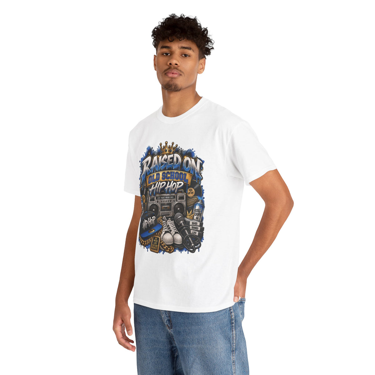 Raised On Old School Hip Hop T-Shirt | Retro Boombox Sneakers Crown Design